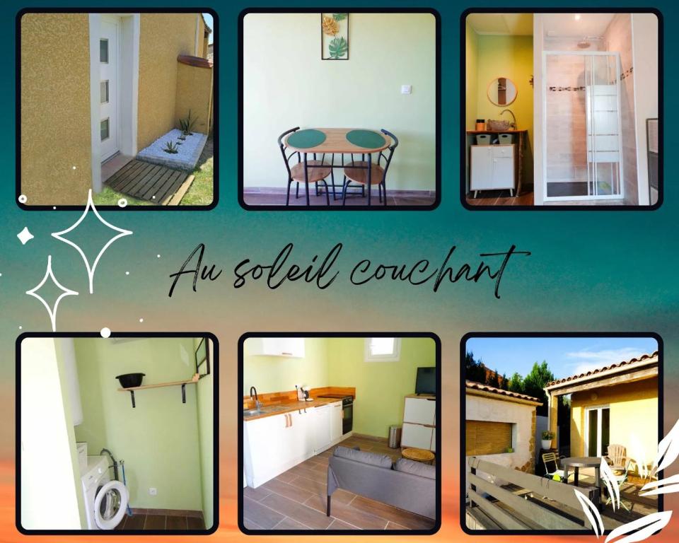 a collage of pictures of a kitchen and a living room at Au soleil couchant in Villemoustaussou