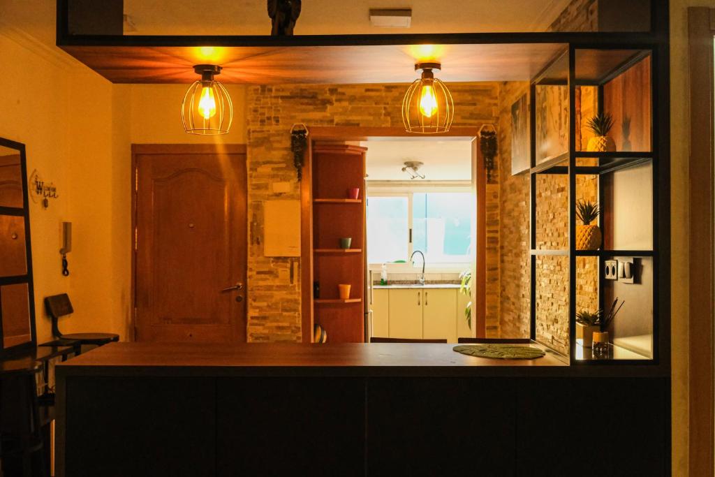 uma cozinha com um balcão com duas luzes por cima em Alojamiento Pichi em Vigo