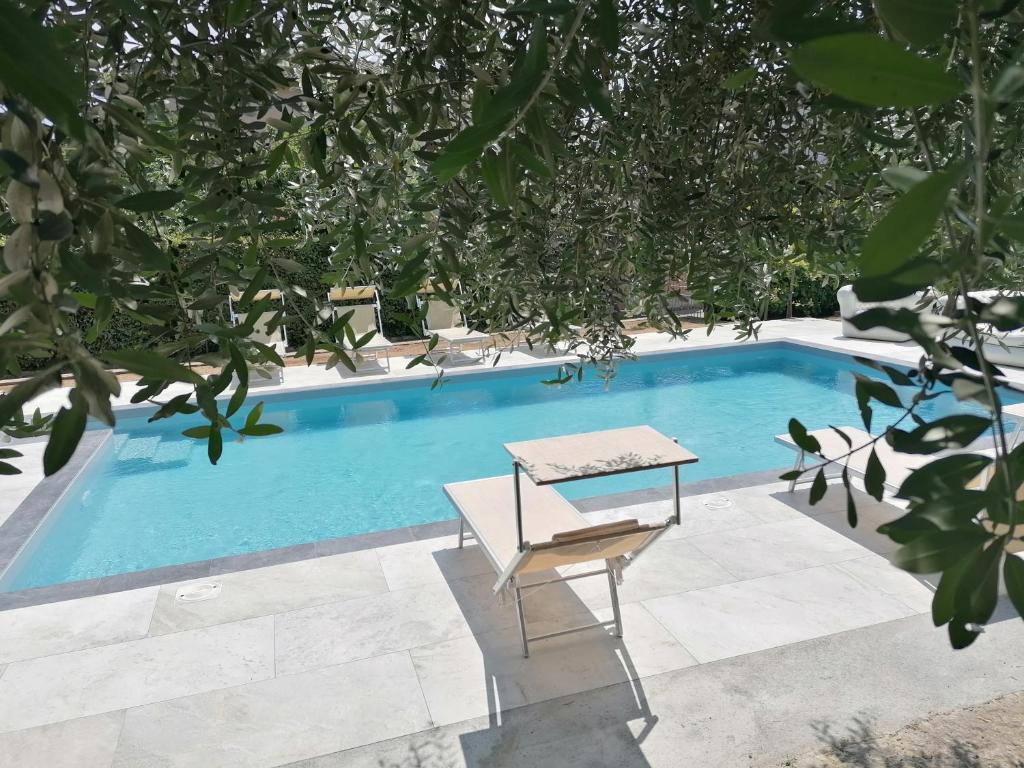 a swimming pool with a table and a bench next to it at Hotel San Lorenzo in Pozzolengo
