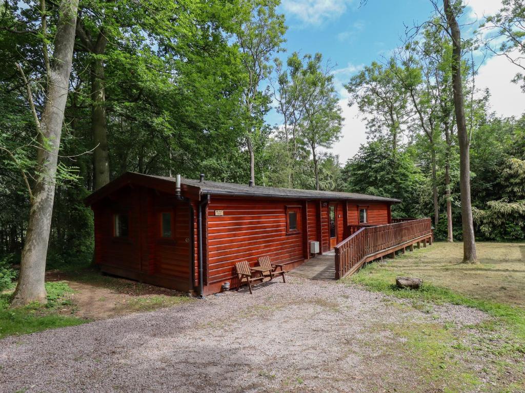 eine Holzhütte im Wald mit einer Bank in der Unterkunft The Great Escape in Louth