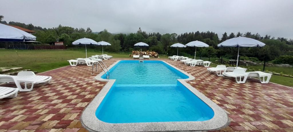 uma grande piscina com cadeiras brancas e guarda-sóis em Къщи за гости Илиеви , Цигов Чарк em Batak