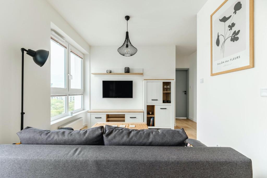 ein Wohnzimmer mit einem Sofa und einem TV in der Unterkunft Studio 71 in Lublin