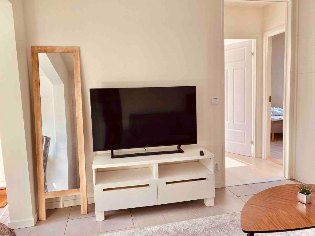 sala de estar con TV y espejo en Lovely 2-bed Flat In Stockholm en Sollentuna