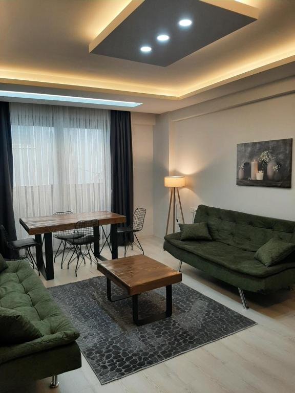 een woonkamer met een groene bank en een tafel bij Unuvar home in Kuşadası