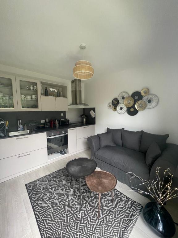 un salon avec un canapé et une table dans l'établissement Pti gîte chez sabine, à Labastide-du-Temple