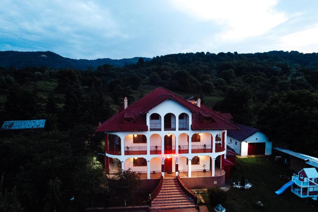 una gran casa blanca con techo rojo en Casa cu Elefanți en Corbşori