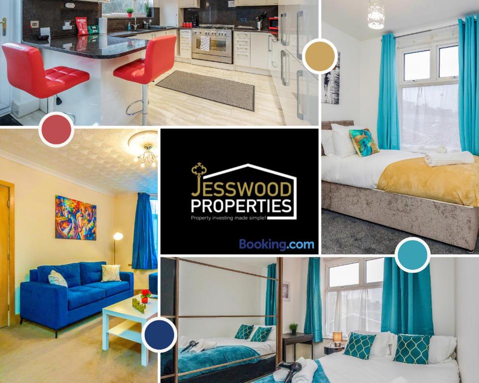 a collage of photos of a bedroom and a living room at Large 6 Bedroom Contractor House by Jesswood Properties Short Lets For Groups, Business And Leisure With Free Parking, Wifi and Pool Table in Luton
