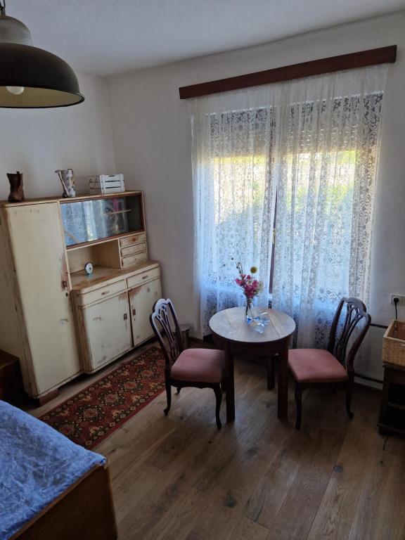 sala de estar con mesa, sillas y ventana en Dreamcatcher & Retro Hostel, en Žužemberk
