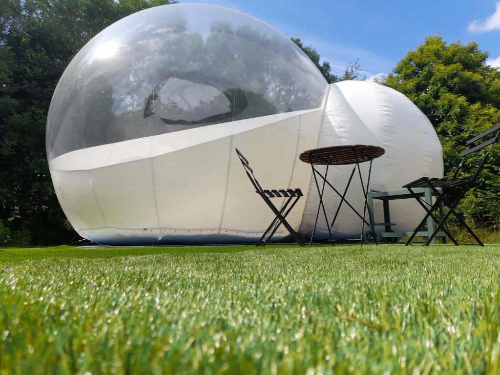 ein großes Kuppelzelt auf einem Grasfeld in der Unterkunft Nuit insolite dans une bulle avec jacuzzi privatif 