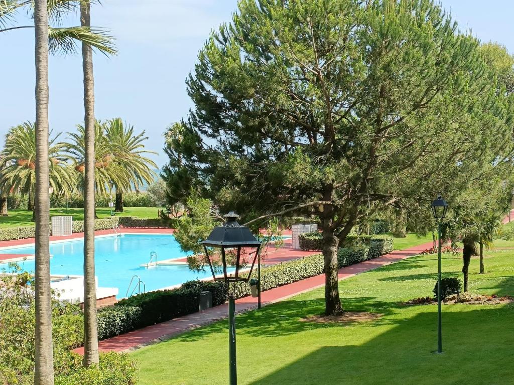 uma piscina num parque com palmeiras e uma luz de rua em Apartamento premium un dormitorio ALCAUDON em Isla Canela