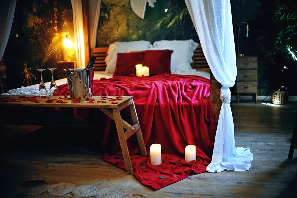 Posteľ alebo postele v izbe v ubytovaní L'Evasion romantique en Amazonie, SPA, Écran cinéma, day use, Lit baldaquin
