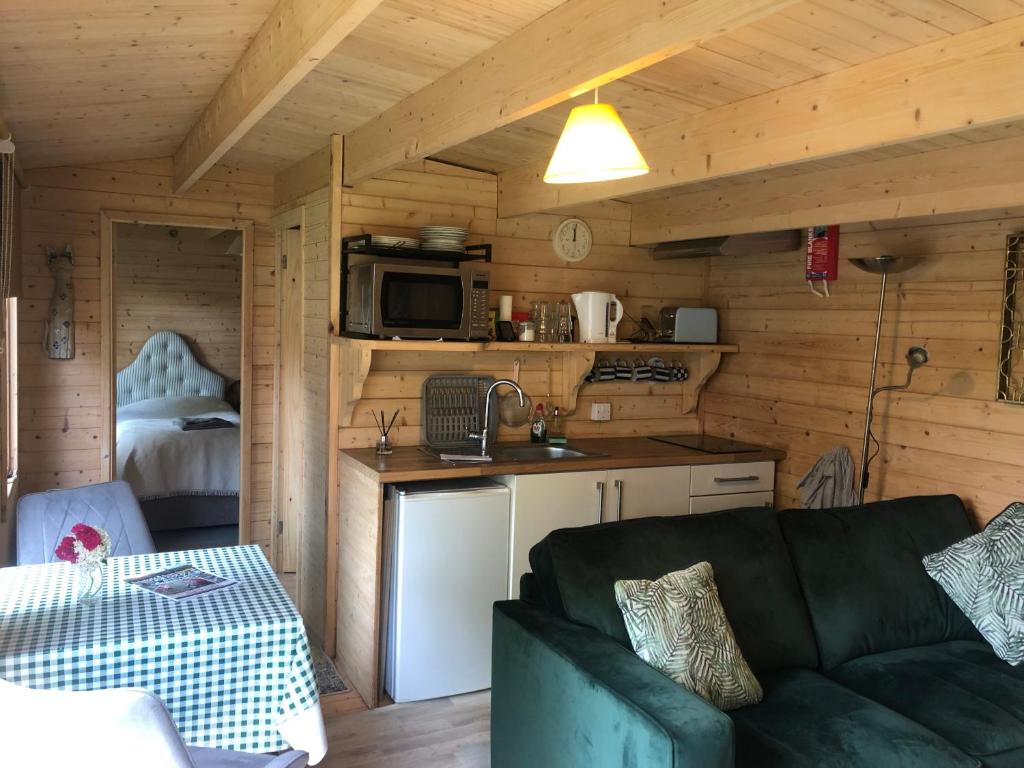 een woonkamer met een bank en een keuken in een huisje bij Cosy Garden Log Cabin in Salisbury