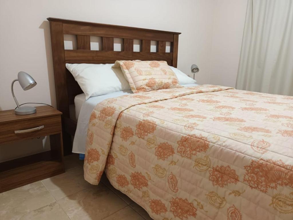 - une chambre avec un lit et une table avec une lampe dans l'établissement Departamento San Rafael - Sobre Paseo Chile, à San Rafael