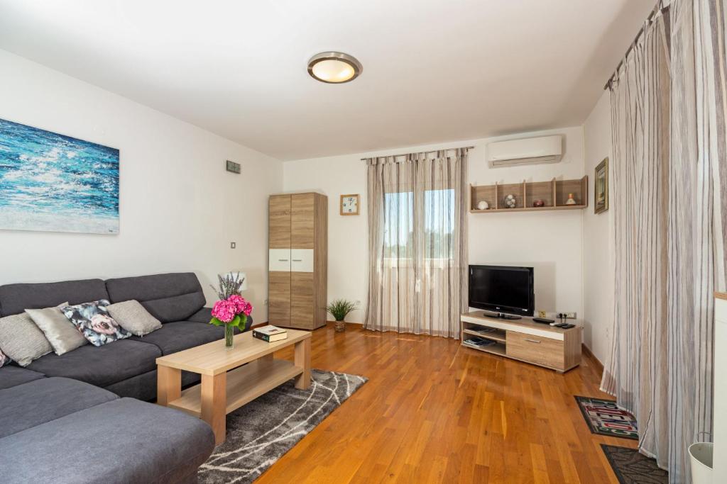 a living room with a couch and a tv at Apartment Mandalina House in Stari Grad