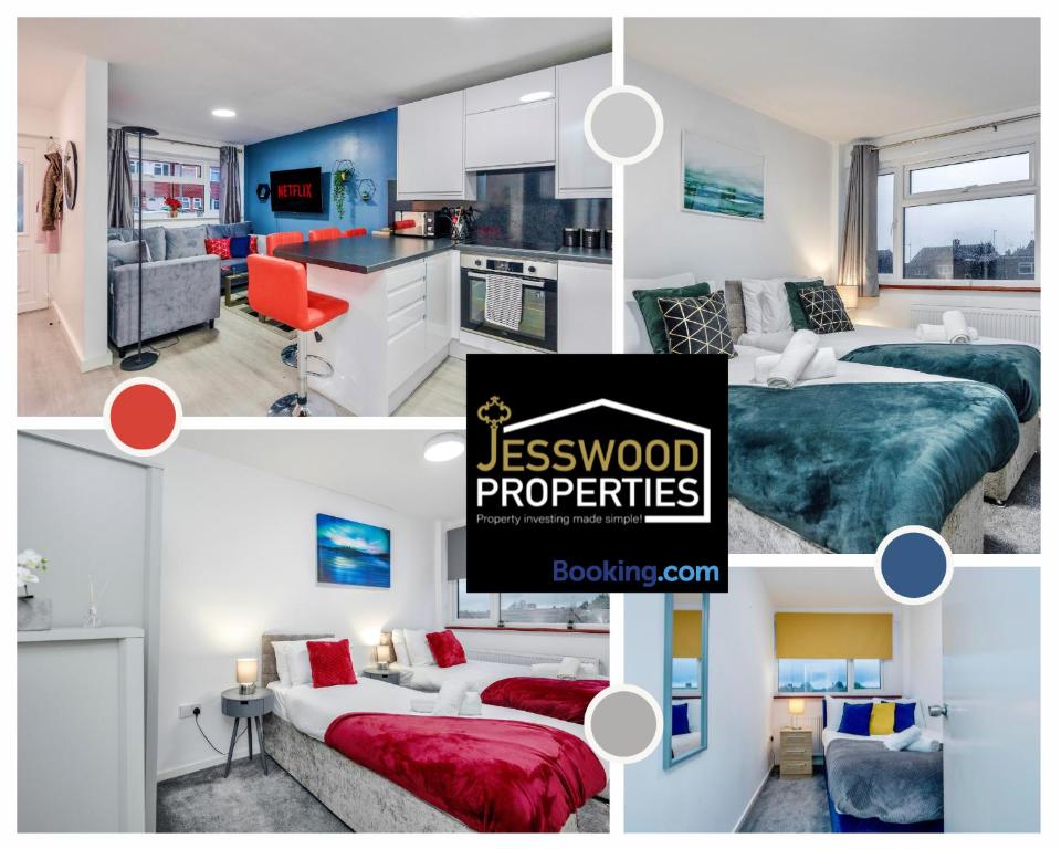 eine Collage mit Fotos von einer Küche und einem Schlafzimmer in der Unterkunft Spacious 5 Bedroom, 3 Bath House by Jesswood Properties Short Lets For Contractors, With Free Parking Near M1 & Luton Airport in Luton