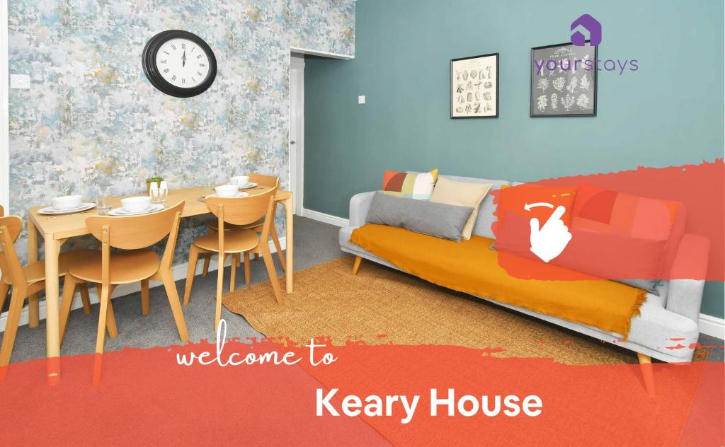 a living room with a table and a couch and a dining room at Keary House by YourStays, Stoke, with a touch of Scandinavia, 3 bedrooms, BOOK NOW! in Stoke on Trent