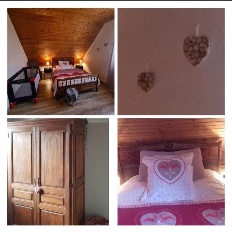 trois photos d'une chambre avec un lit et un cœur sur le mur dans l'établissement Le gîte du kirchfeld, à Mussig
