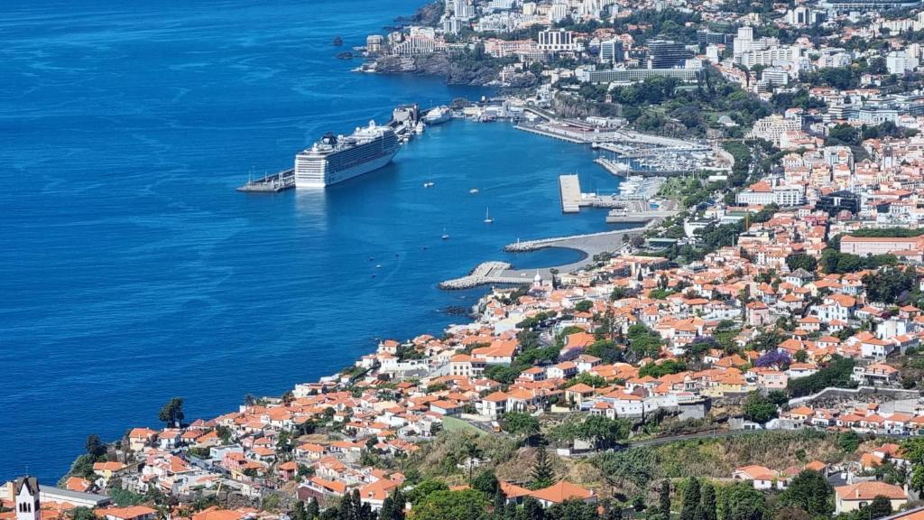 une vue aérienne d'une ville avec un navire de croisière dans l'eau dans l'établissement Villa das Furnas, à Funchal