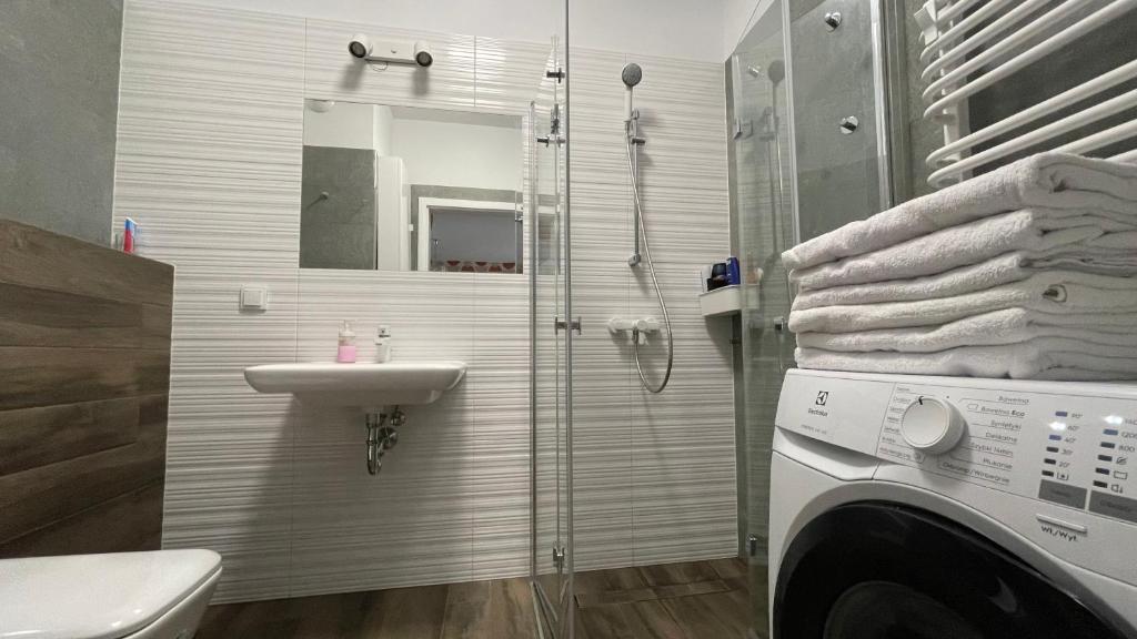 W łazience znajduje się pralka i umywalka. w obiekcie Apartamenty Warszawa Centrum Włodarzewska 30 m45 w Warszawie
