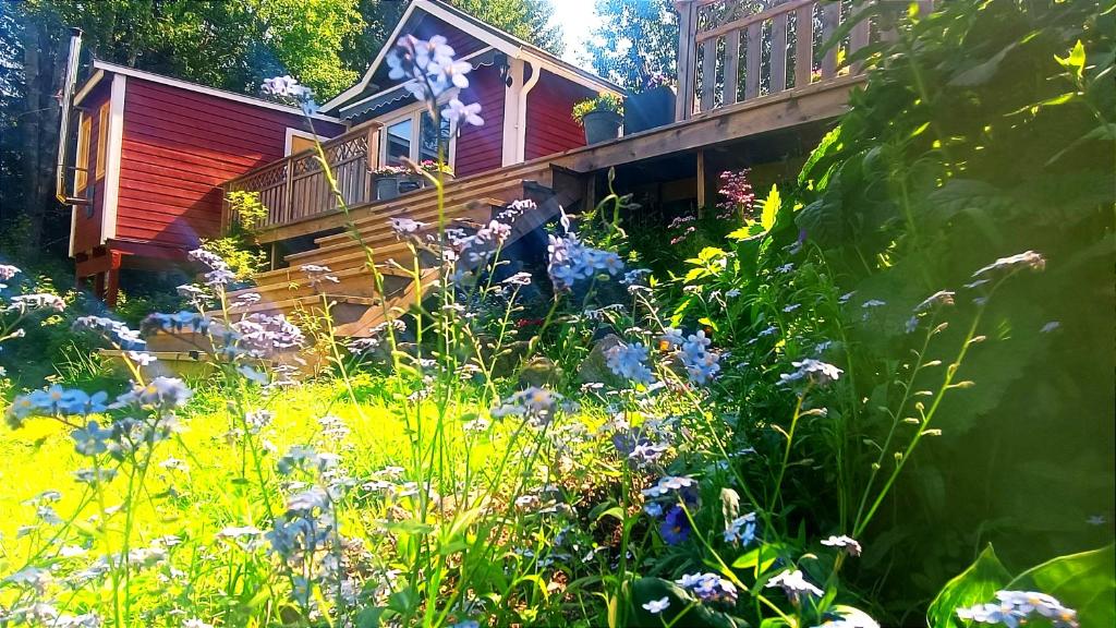 a garden with flowers in front of a house at Lila Stuga in Väja