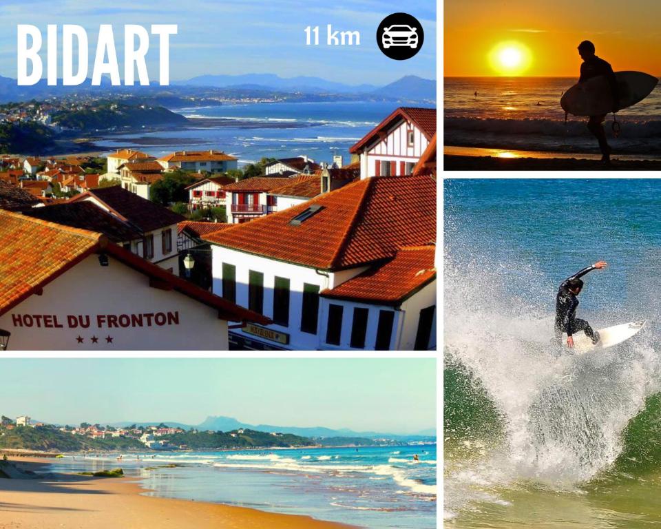a collage of pictures of a surfer riding the waves at L&#39;OASIS - Loft standing - Terrasse Rooftop - Jacuzzi Spa - Parking in Bayonne