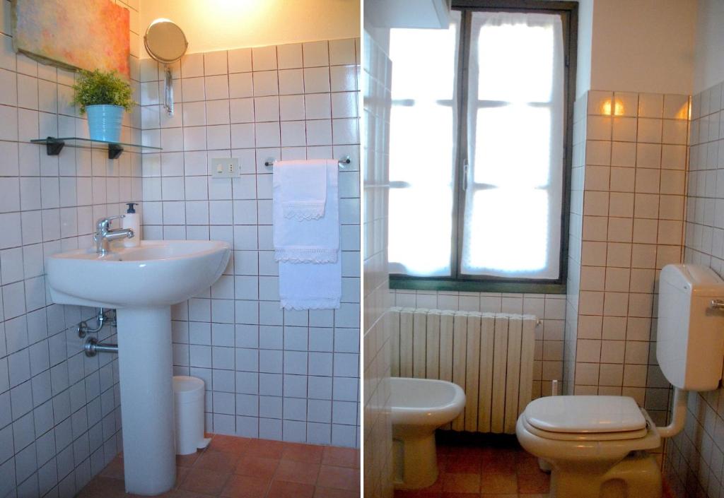 two pictures of a bathroom with a sink and a toilet at AMAZING LANGHE AND MONFERRATO | House with garden in Calamandrana