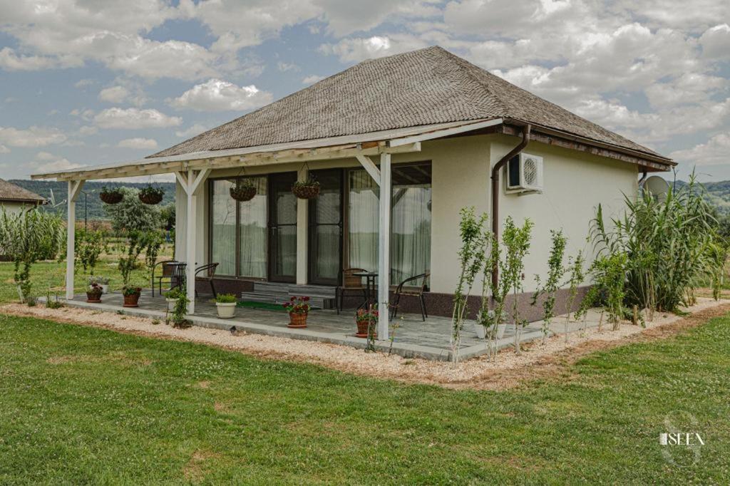 ein kleines weißes Haus mit einer großen Veranda in der Unterkunft Bungalouri Balta Paradisul Pescarilor in Pufeşti