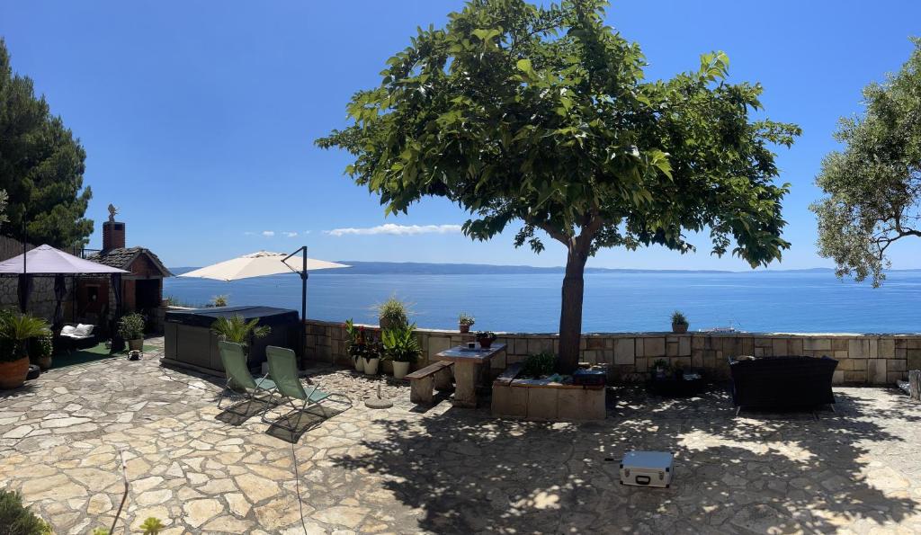 um pátio com uma árvore e o oceano ao fundo em Super Horizont beach house-FREE PARKING em Split