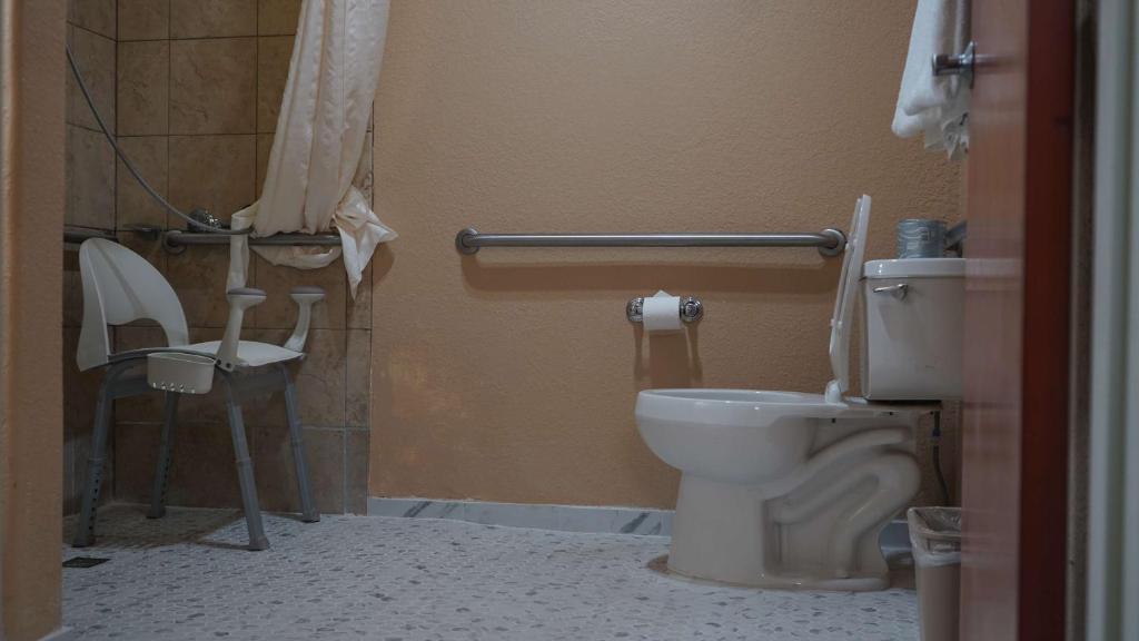 a bathroom with a white toilet and a shower at Best Western Lubbock West Inn & Suites in Lubbock