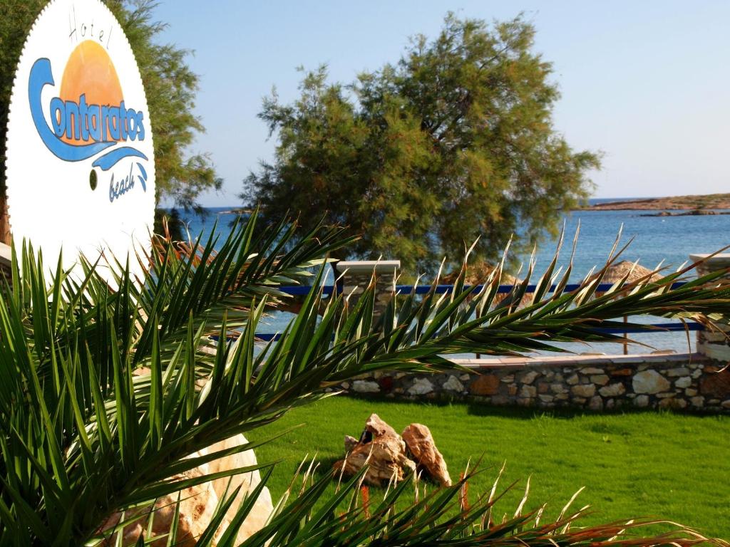 a surfboard sitting in the grass next to a plant at Contaratos Beach Hotel in Naousa