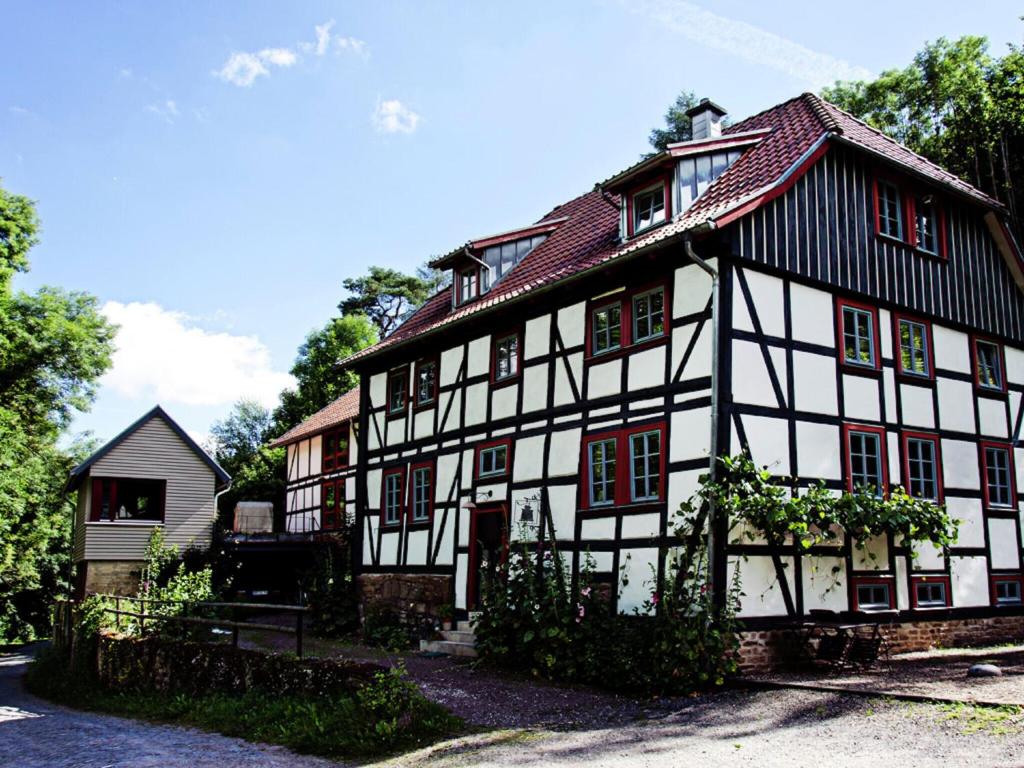 a large white and black building with a house at Chic Apartment in Thuringia with Sauna in Hamma
