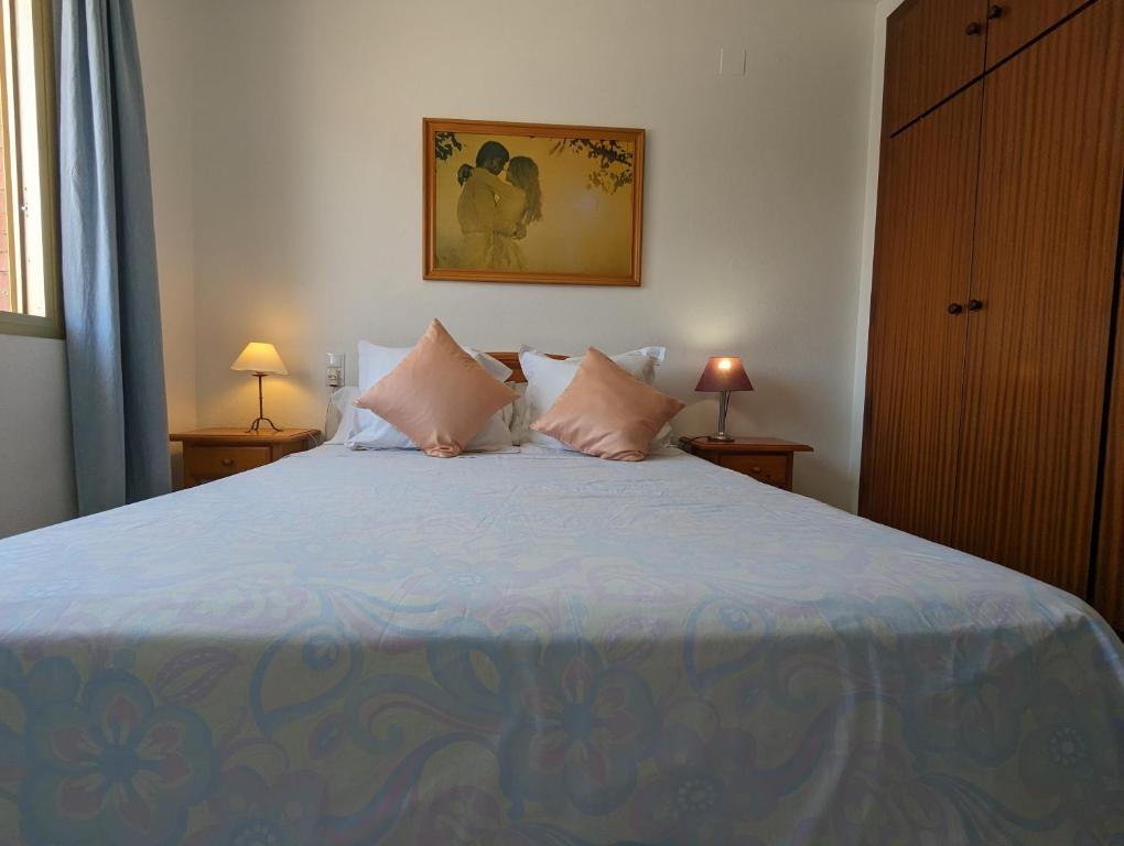ミアミ・プラトーヤにあるApartamentos El Doradoのベッドルーム1室(ピンクの枕が付いた大型ベッド1台付)