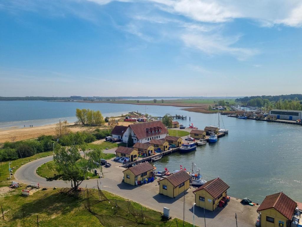 an aerial view of a marina with boats in the water at Ferienanlage Kieferneck in Freest