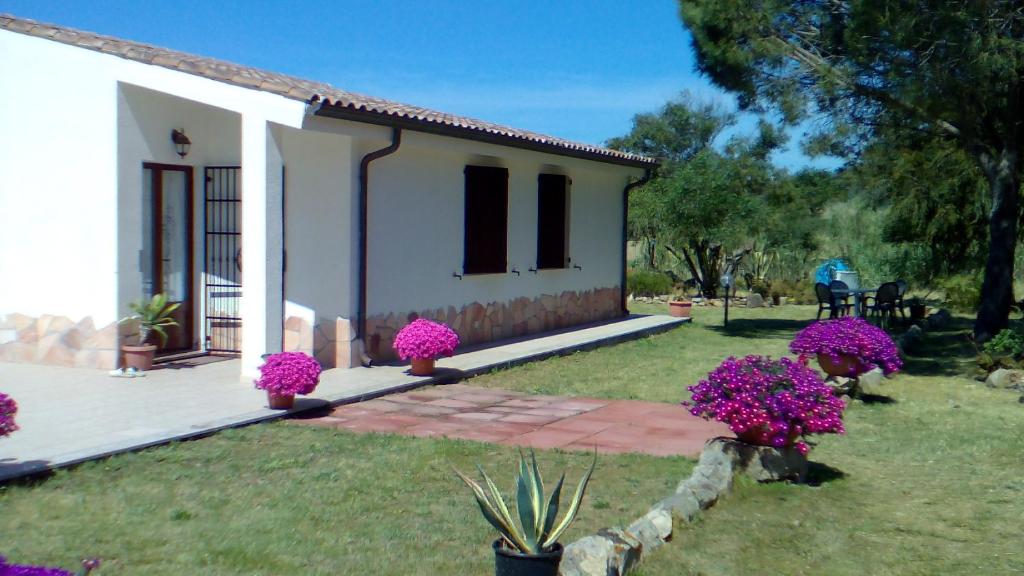 a small white house with purple flowers in a yard at B&B Le Vele Teulada in Teulada