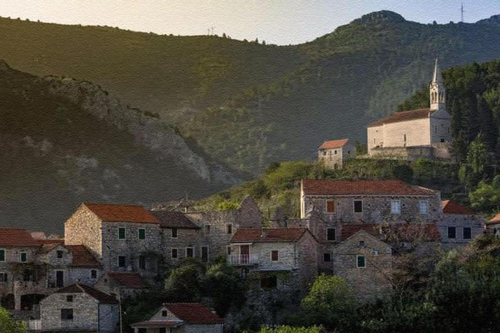 a group of houses and a church on a mountain at Heritage 4-star Studio Apartment Pitve Hvar in Jelsa