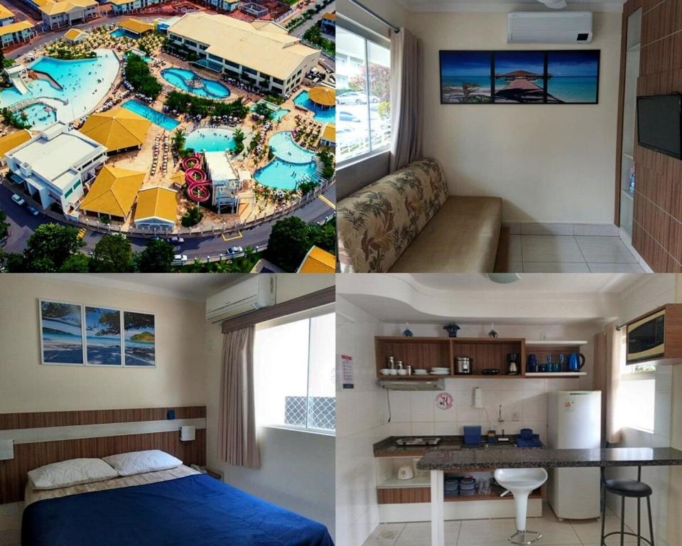 eine Collage mit drei Bildern eines Hotelzimmers in der Unterkunft Ap Completo Parq. Aquát. Incrível Grátis in Caldas Novas