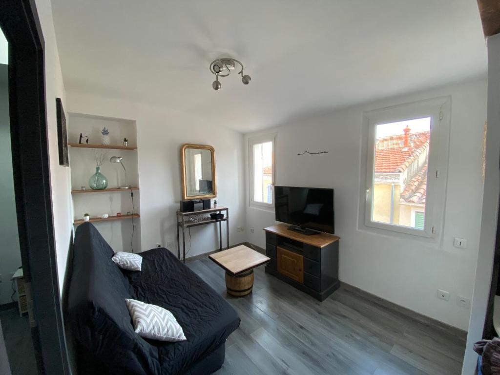 un salon avec un canapé et une télévision dans l'établissement La Ciotat T2 à proximité du port, à La Ciotat
