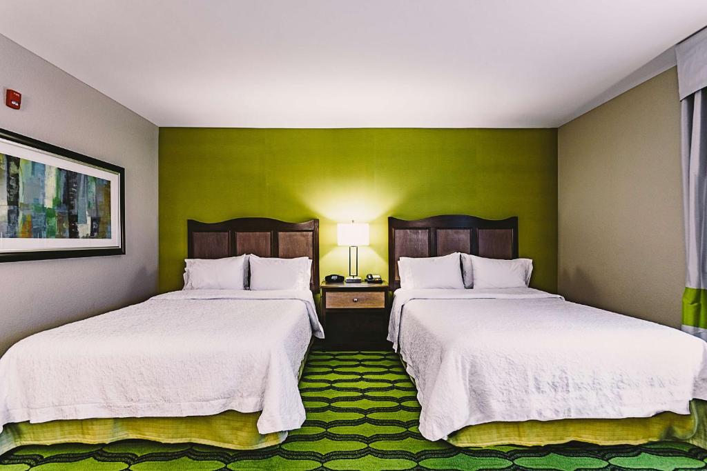 two beds in a room with green walls at Hampton Inn Niagara Falls/ Blvd in Niagara Falls