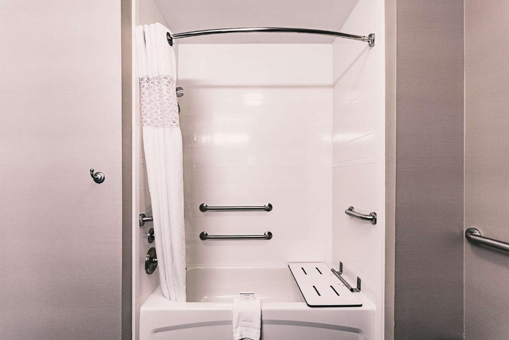 a bathroom with a shower with a toilet and a sink at Hampton Inn Niagara Falls/ Blvd in Niagara Falls