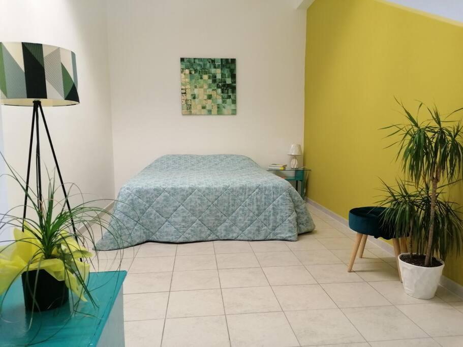 1 dormitorio con 1 cama y 2 macetas en Colori del Belice appartamento, en Santa Ninfa