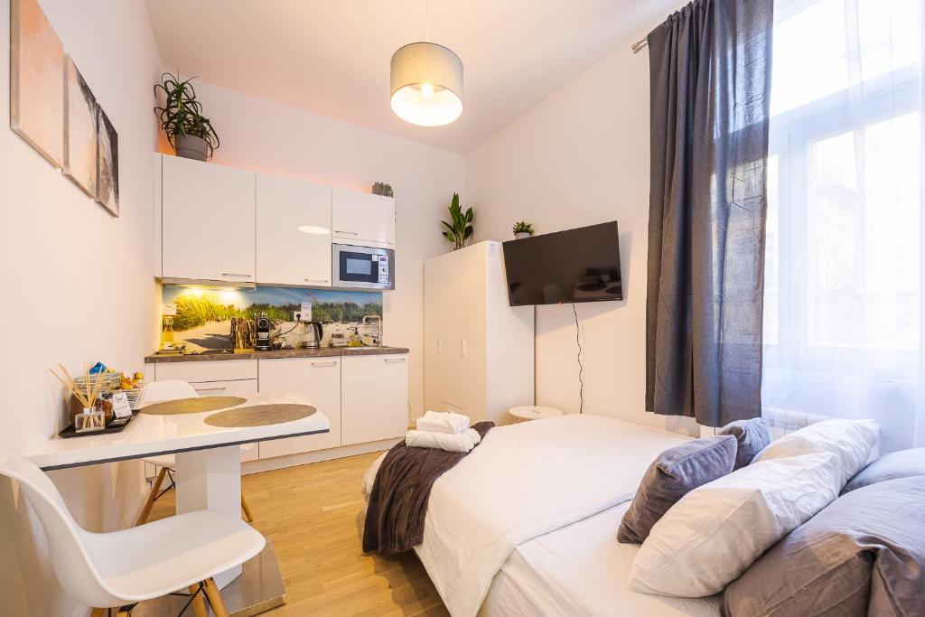 Habitación con cama, escritorio y cocina. en Cozy apartment in city center, en Praga