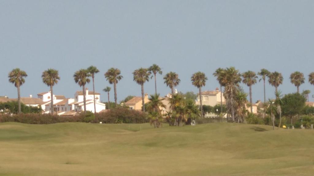 a view of a golf course with palm trees at NOVO SANCTI PETRI - CASA CON ENCANTO in Novo Sancti Petri