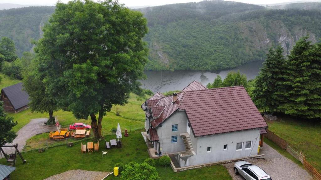 an aerial view of a house next to a lake at Apartments Stari Jasen Uvac in Družiniće