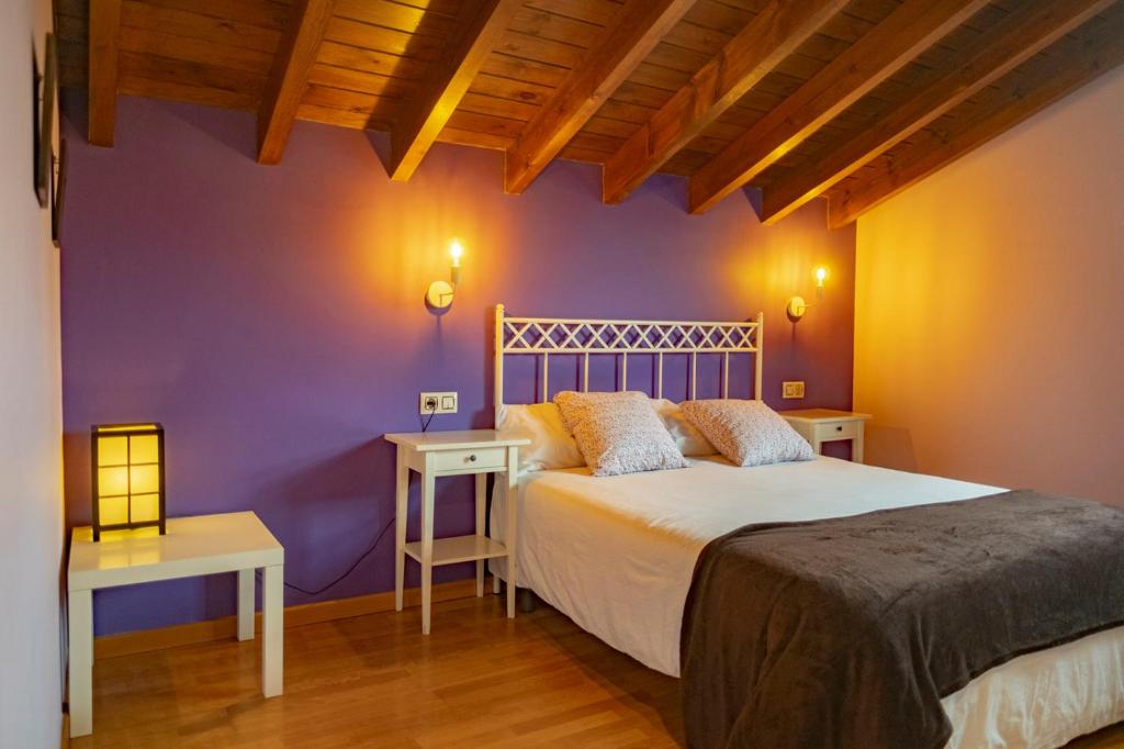 a bedroom with a bed and a purple wall at Apartamentos La Güertona in Sardalla