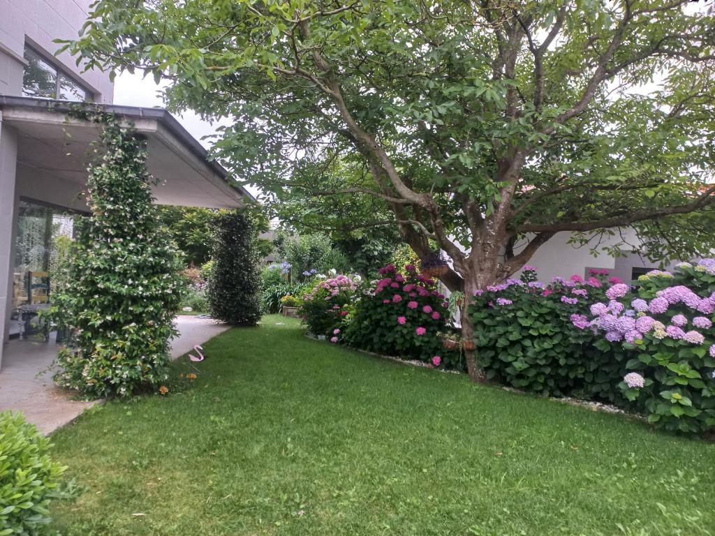 un jardín con flores y un árbol junto a una casa en Habitación en casa moderna con jardín, en Santa Cruz de Bezana