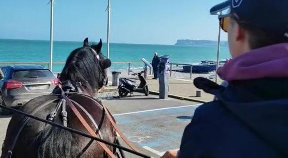 a person riding a horse on the beach at Véritable roulotte hippomobile "LA BAILLEUL" in Mentheville