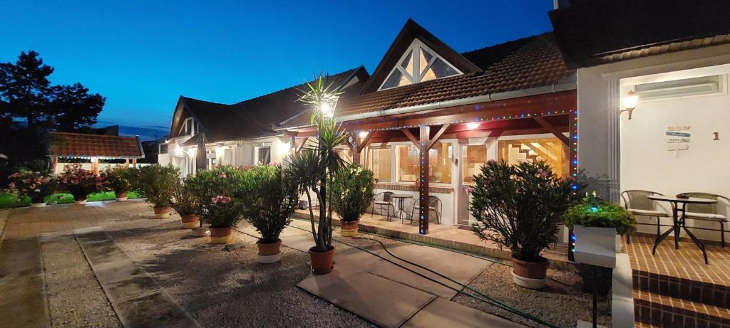 a house with a row of potted plants in front of it at Teodor Apartman in Gyula