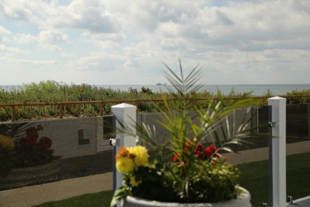 a planter with flowers in front of a fence at 406 Sea View Road in Bridlington