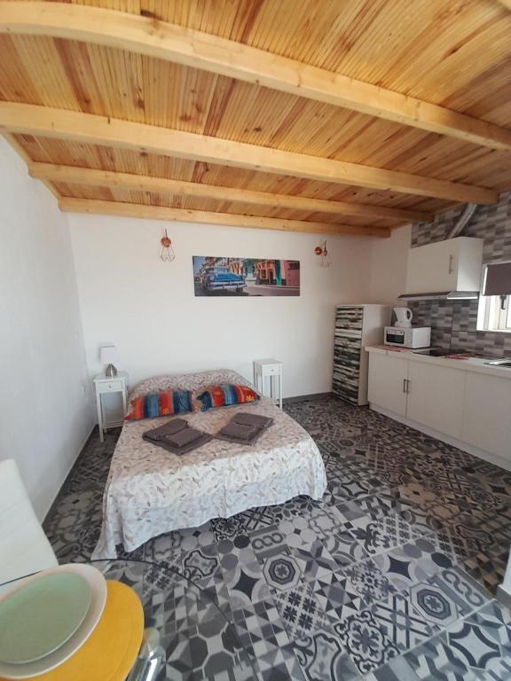 Un dormitorio con una cama en una habitación con techos de madera. en Estudio Dominicana in Albufeira Gale with garden and parking place, en Albufeira