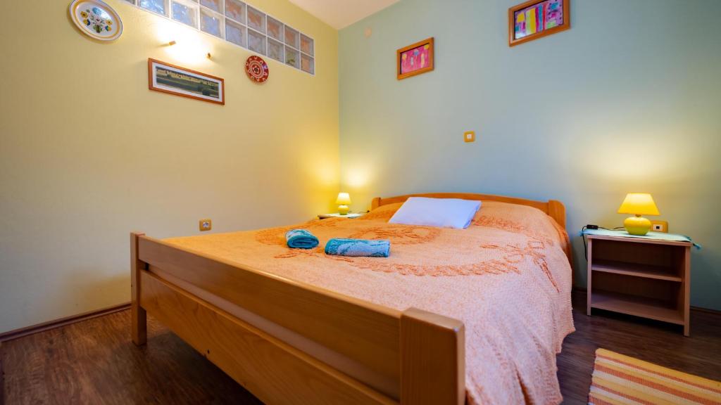 een slaapkamer met een bed met twee blauwe kussens erop bij Apartment David in Tršće